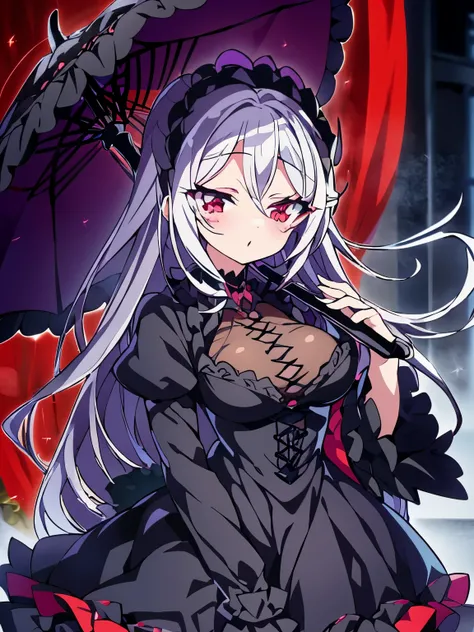 gray hair、red eye、Gothic Lolita、Two dimensions、anime、comics、Gothic Lolita服、black clothes、black frilly umbrella、Crow、full body picture、dress、Eyes without highlights、Low - Angle、corrupt world、dark、villain、Yandere、yanndere、Black Rose