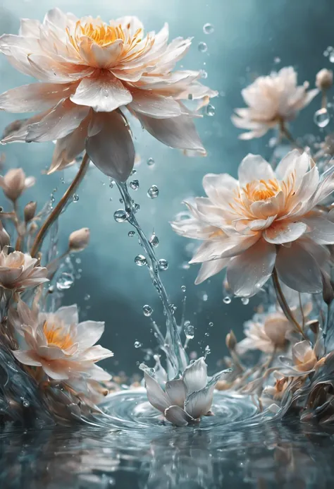 (((intricate detail:1.4))), (((extremely insane detail:1.4))),(((highest quality:1.3))), (((Soft colors 4k highly detailed digital art:1.3))). | Close up of delicate splash of water that forming into magical flower, as splash of water reflect light, each s...