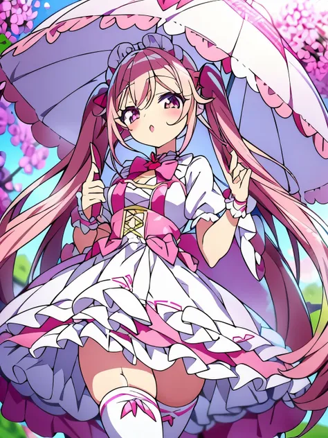 pink hair、Rabbitの女の子、twin tails、lolita服、白いlolita服、lolita、Rabbit、White Rose、white background、whole body、Standing picture、White umbrella、moe