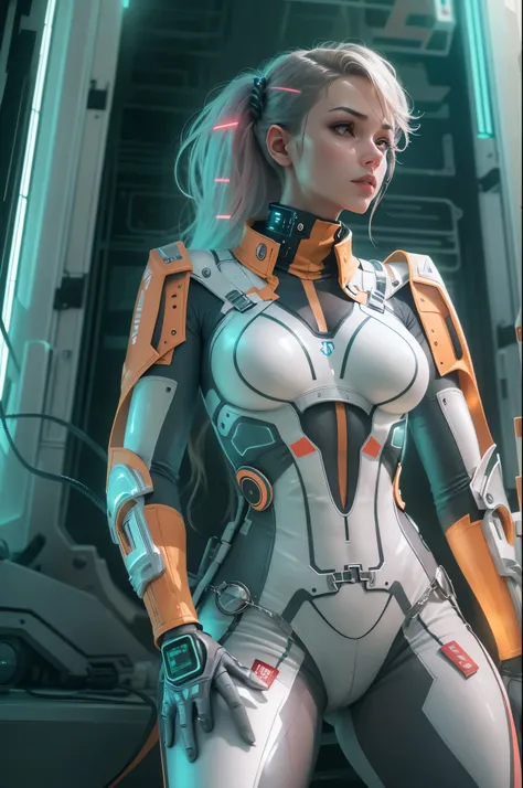 1girl,Future technology clothing，（White latex tights：1.3），（Luminous array lights on clothes），Soft light，Mechanical belt，（high tech：1.3），Future technology hair bundle，Android，Super Soldier，dynamic poses，shooting，Holographic screen background，Super stunning ...