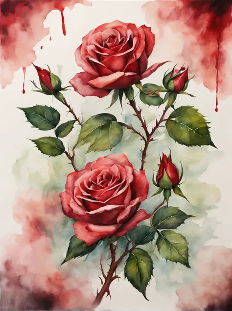 water color painting of roses, thorn, blood, green