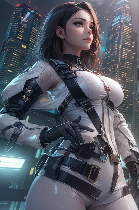 1girl,Future technology clothing，（White latex tights：1.3），（Luminous array lights on clothes），Soft light，Mechanical belt，（high-tech weapon：1.3），Future technology hair bundle，Android，Super Soldier，dynamic poses，shooting，Holographic screen background，Super st...