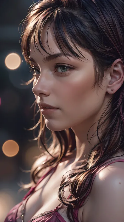 Photograph close up portrait 28-year-old woman , cinematic 4k epic pink detailed 4k epic detailed photograph shot on kodak detailed bokeh cinematic hbo dark moody

