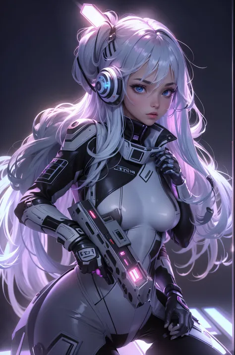 1girl,Future technology clothing，（White latex tights：1.3），（Luminous array lights on clothes），Soft light，Mechanical belt，（high-tech weapon：1.3），Future technology hair bundle，Android，Super Soldier，dynamic poses，shooting，Holographic screen background，Super st...