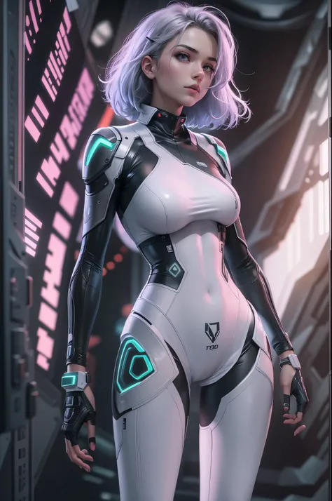 1girl,Future technology clothing，（White latex tights：1.3），（Luminous array lights on clothes），Soft light，Mechanical belt，（high-tech weapon：1.3），Future technology hair bundle，Android，Super Soldier，dynamic poses，shooting，Holographic screen background，Super st...