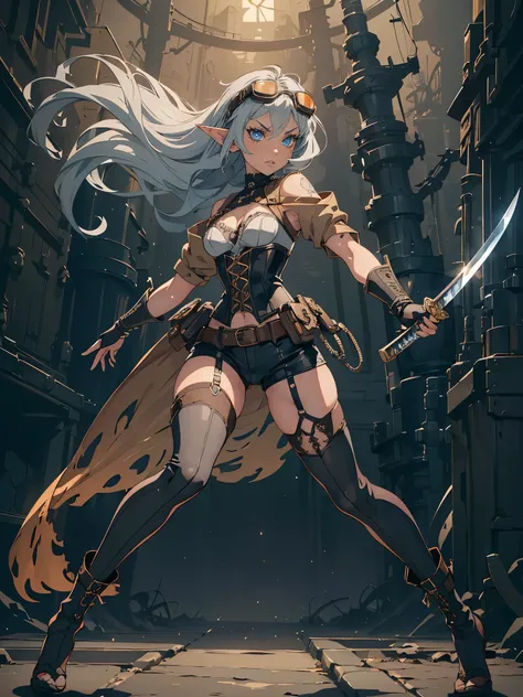 masterpiece, high quality, inside underground cave, 1_woman, ((full body)), mid-jump, mid-air, ((holding japanese katana in hand)), (exotic skin_complexion:1.4),mature, leaping at camera, tall, beautiful, exotic, with long elf ears, looking to the side, lo...