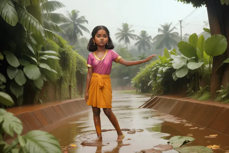 1980s Indian Monsoon Mud Puddle Splashing (Location: Kerala)
Character: An Indian girl, in her tweens, with a bindi and vibrant attire, joyfully splashes in mud puddles during the monsoon season in Kerala during the 1980s. Wes Andersons monsoon palette pai...