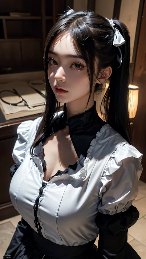 ((top-quality、in 8K、​masterpiece:1.3, Photorealsitic:1.4, underground room, Realistic human skin)), standing, full body, Japanese high school  girl, 1 female, A dark-haired, With bangs, Medium-sized breasts, ((Gothic lolita, maid clothes, twintails hairsty...