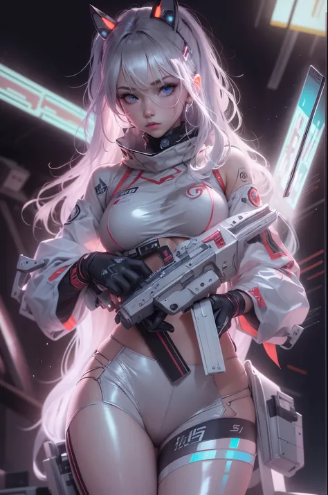 1girl,Future technology clothing，（White latex tights：1.3），（Luminous array lights on clothes），Soft light，Mechanical belt，（high-tech weapon：1.3），Future technology hair bundle，Android，Super Soldier，dynamic poses，shooting，Holographic screen background，Super st...