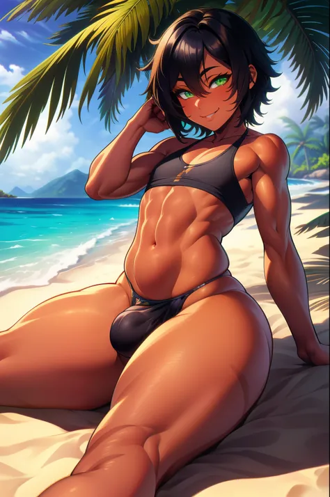 (extremely detailed CG unity 4k wallpaper),(masterpiece),(best quality),(ultra-detailed),(best illustration),(best shadow),(absurdres),(detailed background) femboy, cute, laying down on the sand, green eyes, brown skin, Latino, shoulder length black hair, ...