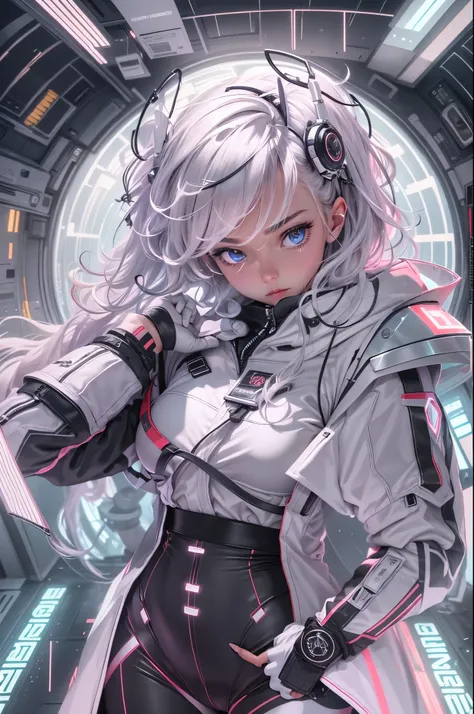 1girl,Future technology clothing，（White latex tights：1.3），（Luminous array lights on clothes），Soft light，Mechanical belt，（high-tech weapon：1.3），Future technology hair bundle，Android，Super Soldier，dynamic poses，shooting，Holographic screen background，Super st...