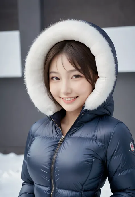 ((best quality)), ((masterpiece)), (detailed), perfect face, beautiful 16 year old Japanese woman, silk tight  moncler puffer coat, seductive,  smiling, happy,  curvy figure, tight puffer coat, fur hood, large breasts, thick bra straps