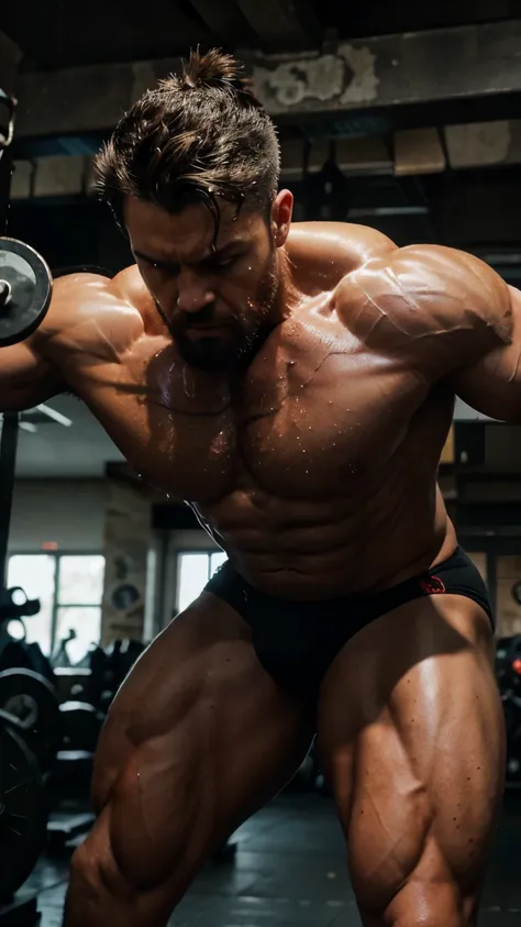 (high quality:1.2),(ultra-detailed),(realistic:1.37),chaotic scene,epic scene,dramatic scene,bodybuilder with short black hair and beard,hyper-realistic,detailed muscles,intense expression,intense lighting,barbell,weights,flying sweat particles,gritty atmo...