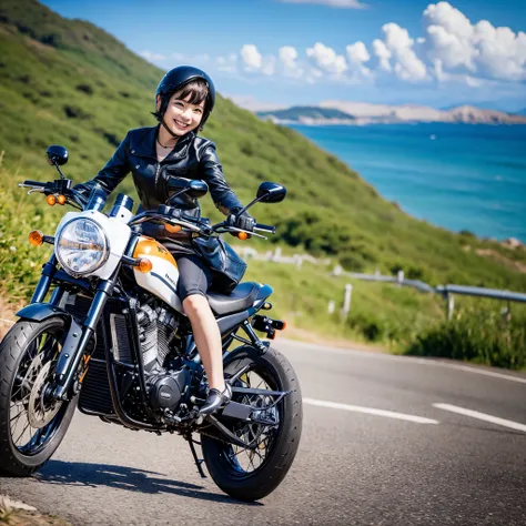 Cute Japanese girl, about 15 years old, black short bob hair, smiling, riding Harley, country road with ocean view, photo style,  --auto --s2