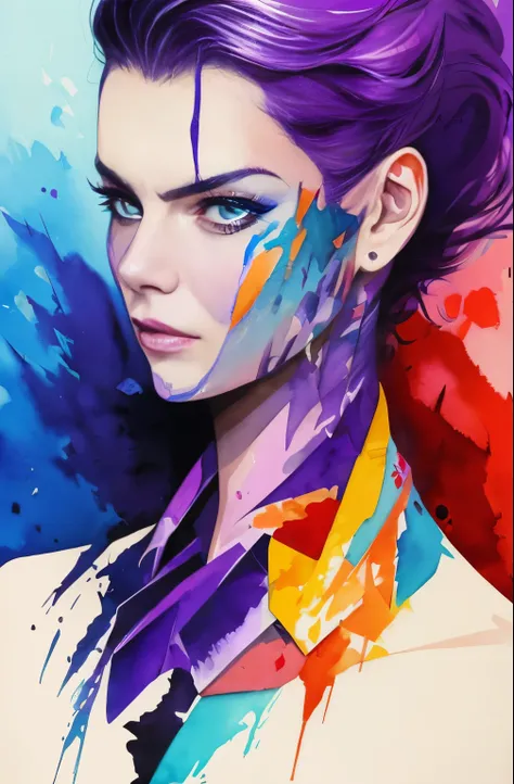 Painting of a woman with a purple and white face, Sylvia Pelissero watercolors, tumbler, figurative art, Intense watercolor painting, watercolor detailed art, Watercolor Splash, surreal, Avant-garde pop art, Beautiful and expressive paintings, Beautiful ar...