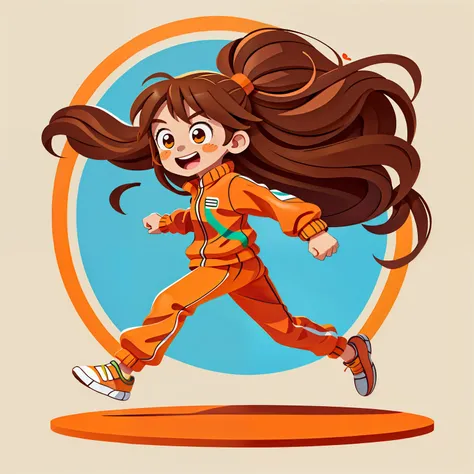 Girl with long brown hair，Orange tracksuit，Run hard，enthusiastic（Clench your fists）（running）rainbow，（There is love）happy，Surrounded by love，Surrounded by love，logo，vector，line art，design，inspiration，straight line，RHAD