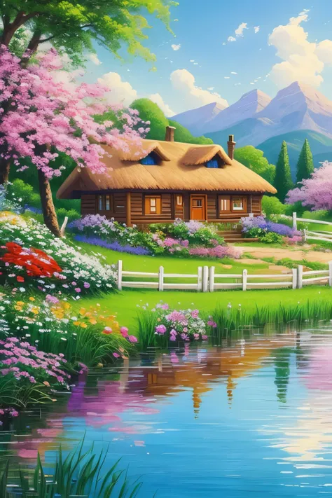 painting of a cottage, flowers beside of fence, fence along the road,  mountain landscape with a lake and a boat, birds flying i...