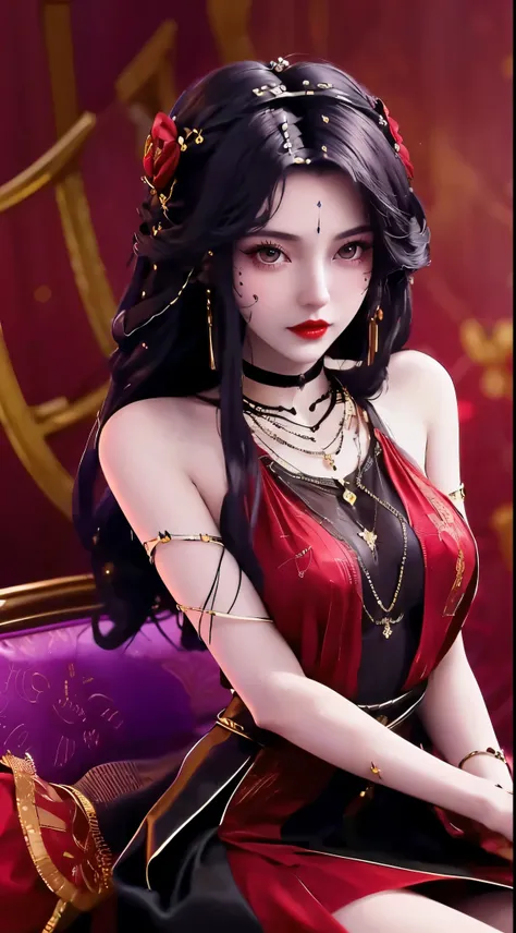 1 beautiful20岁女孩, ((Wearing a super thin red dress:1.6)), dress with diamonds, ((Long black-purple hair:1.6)), Bangs, 由宝石和beautiful头发精心制成的珠宝, ((Wear a black lace necklace:1.4))), noble, The noble temperament of a very beautiful girl, Her little face is sup...