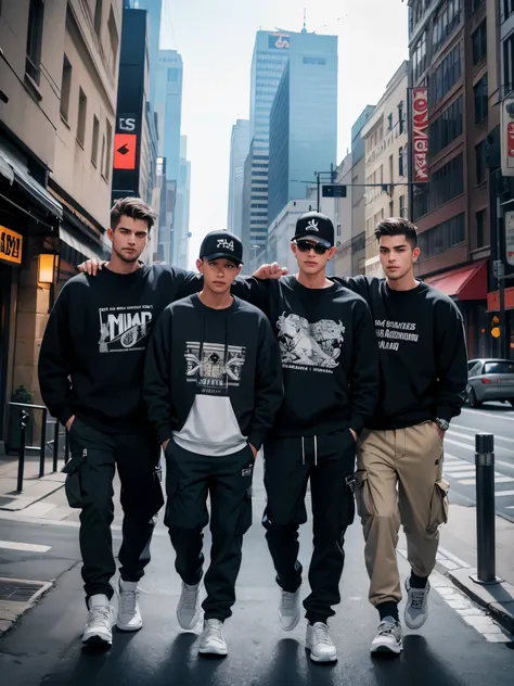 4 guys, a sweatshirt that says "brada", cargo pants, city, absurd, high resolution, ultra sharp, 8K, masterpiece, looking at the viewer