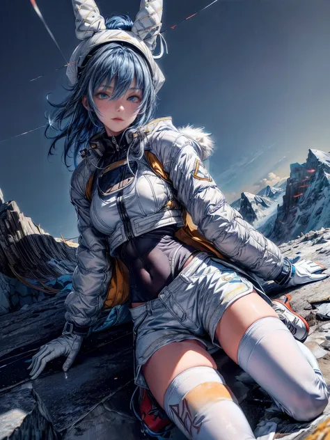 16K quality、cinematic lighting,super detailed skin、Beautiful quality with attention to detail,high resolution、perfect anatomy,(modernの日本、dim color, soothing tones:1.3)girl climbing a mountain,(詳細な美しい顔の特徴のblue hair、medium hair、blue eyes:1.3)blue hair、(white...