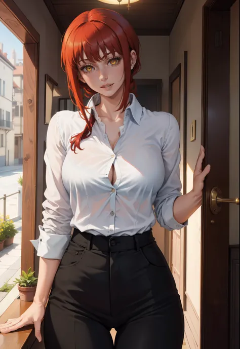 (masterpiece, best quality:1.2), solo, 1girl, red hair, yellow eyes, makima,, unbuttoned shirt with collar, on the chest, a lot of, black unbuttoned pants, wide hips,