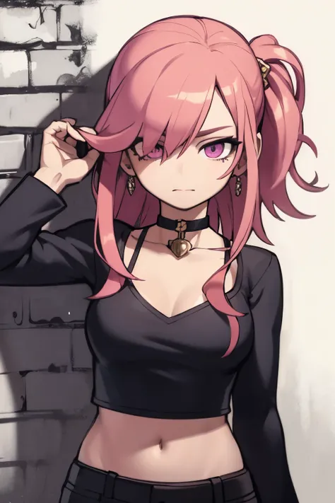 (masterpiece, best quality, 1girl, solo, intricate details, chromatic aberration), realistic, ((medium breath)),long hair, pink hair, red head ornament, pink highlights, hair over one eye,purple eyes, earrings, sharp eyes, choker, neon shirt, open jacket, ...