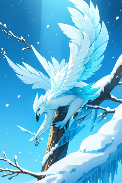 snow bird, bird made of ice and snow, surrealistic bird, fantasy art, drawing, frost bird, ice feathers, non-human, bird on branch, Articuno