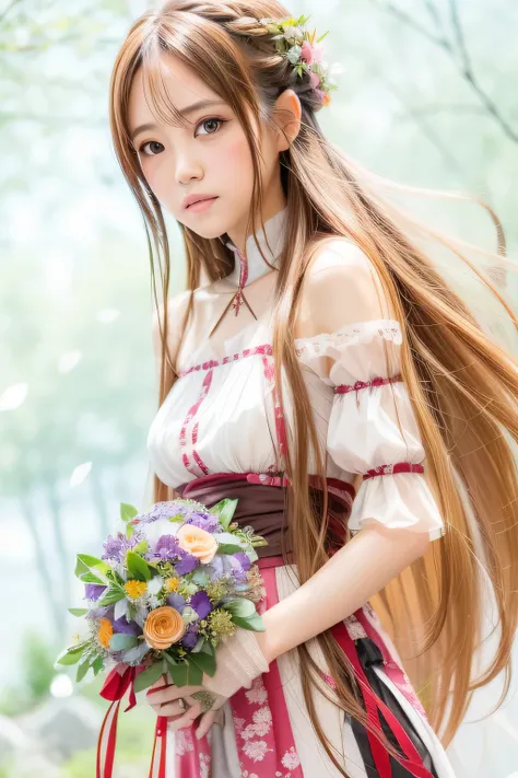 girl with long brown hair, asuna yuuki, holding a bouquet of flowers, asuna yuuki, 