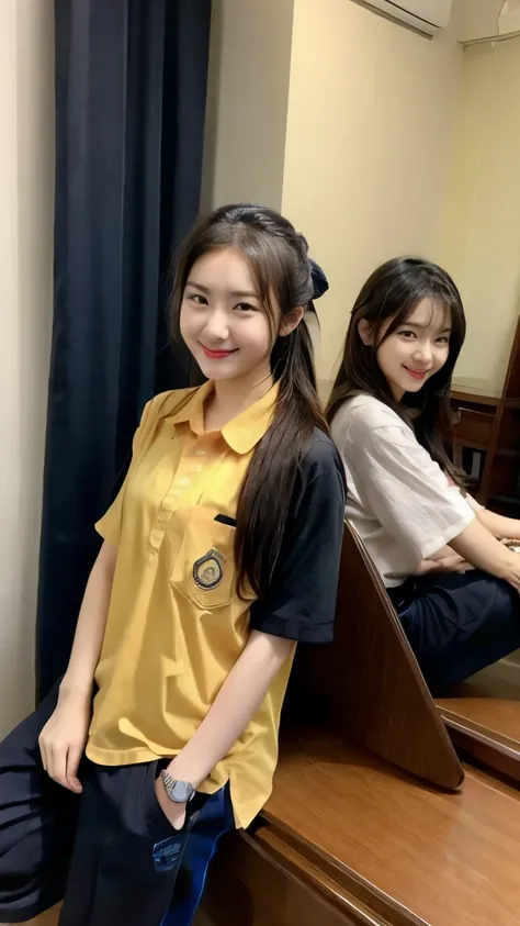 2 girls in the piano room, Short-sleeved shirt,Navy Long Trackpant,