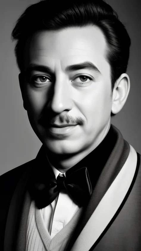 ((masterpiece)),((highest quality)),((high detail)), Walt Disney,Walt Disney,black and white portrait,The background is dark gray