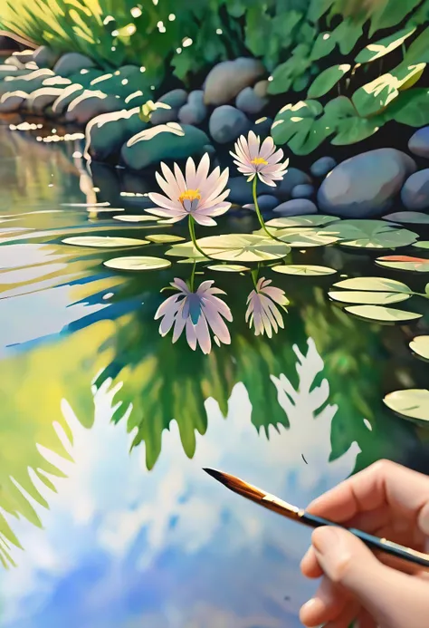 (((watercolor:1.5))), (((watercolor atmosphere:1.4))), (((crystal clear water reflection background:1.3))), (((Transparent flower:1.4))), (((Movie-like still images and dynamic angles:1.3))), (((cool and beautiful shadow silhouette:1.1))), Gouache with int...
