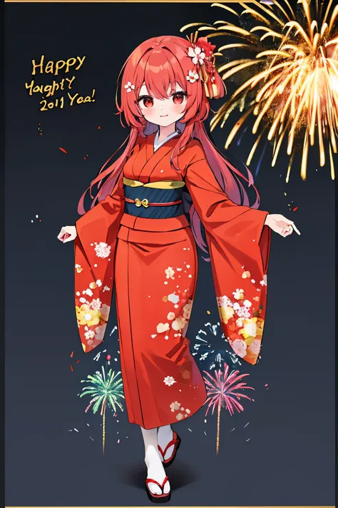 "anime girl, 1 person, red hair, shoulder length hair, dark red eyes, wearing flower hairpin, female kimono, red kimono with gold border pattern, big breasts, long stockings, blushing smile, standing still  cross-legged,chibi,full body, solo, view from dif...