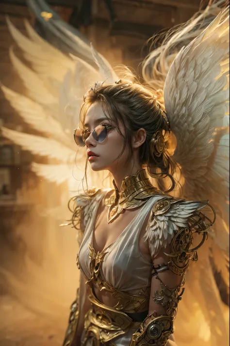 A photograph captures a fleeting moment where a girl embodies the essence of both an angel and a cyberpunk-steampunk muse. Amidst swirling smoke, use the ((golden hour)) to infuse the scene with warmth, highlighting the ((emotional)) juxtaposition of ether...