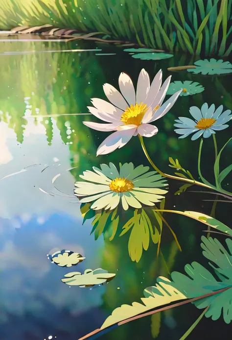 (((watercolor:1.5))), (((watercolor atmosphere:1.4))), (((crystal clear water reflection background:1.3))), (((transparent flowe...