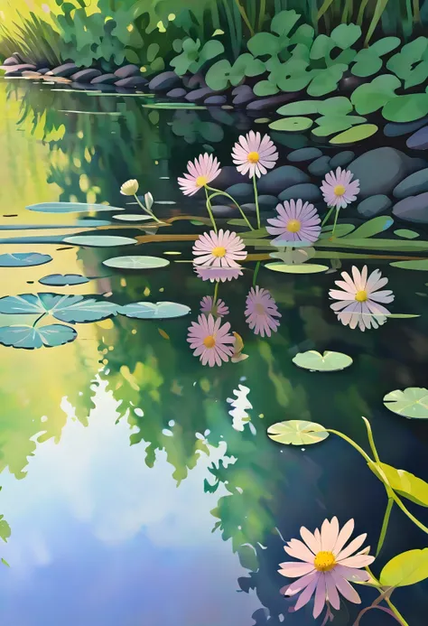 (((watercolor:1.5))), (((watercolor atmosphere:1.4))), (((crystal clear water reflection background:1.3))), (((transparent flowe...