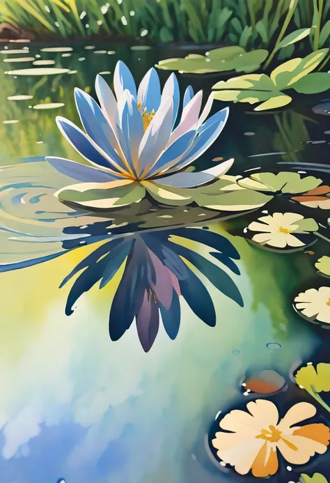 (((watercolor:1.5))), (((watercolor atmosphere:1.4))), (((crystal clear water reflection background:1.3))), (((Transparent flower:1.4))), (((Movie-like still images and dynamic angles:1.3))), (((cool and beautiful shadow silhouette:1.1))), Gouache with int...