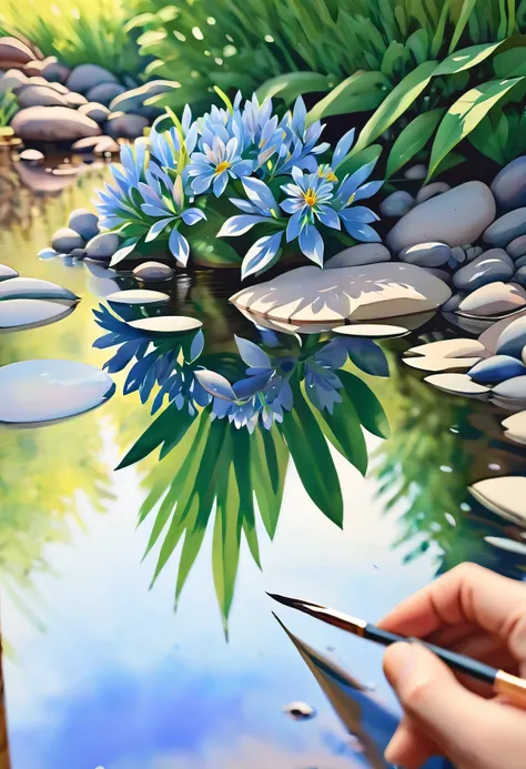 (((watercolor:1.5))), (((watercolor atmosphere:1.4))), (((crystal clear water reflection background:1.3))), (((Transparent flower:1.4))), (((Movie-like still images and dynamic angles:1.3))), (((cool and beautiful shadow silhouette:1.1))), Gouache with int...