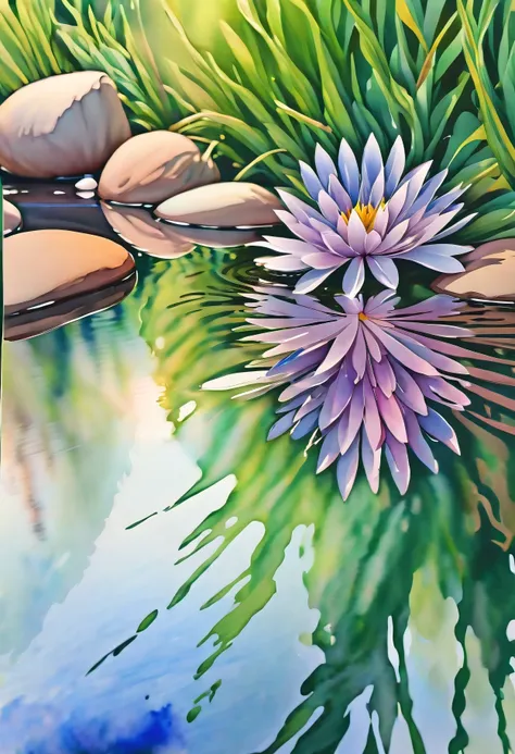 (((watercolor:1.5))), (((watercolor atmosphere:1.4))), (((crystal clear water reflection background:1.3))), (((transparent flowe...