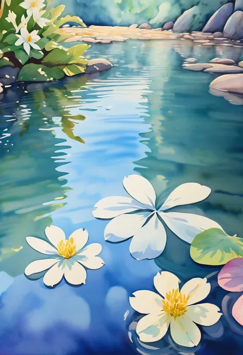 (((watercolor:1.5))), (((watercolor atmosphere:1.4))), (((crystal clear water reflection background:1.3))), (((transparent flowe...