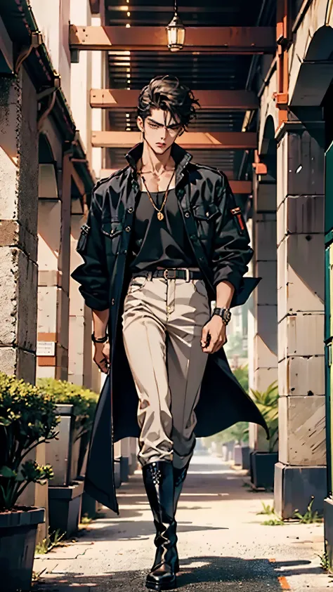 In the backdrop of an ancient fantasy-reality setting, a youth sporting a platinum crew cut displays a piercing gaze and confident demeanor. Adorned in a two-piece fusion outfit, seamlessly blending Western and Eastern influences, he wears a snug dark top ...