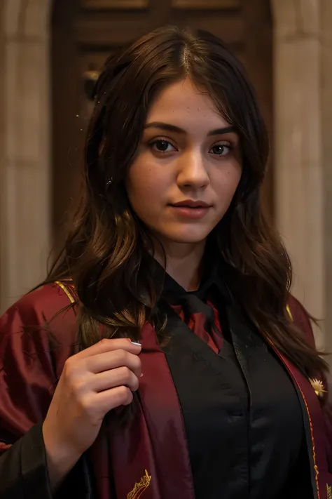 Arad woman in Harry Potter robes(((medium close-up))),1girl in,8K, Raw photography, top-quality, ​masterpiece, realisitic,Robes,wearing black wizard robes, Gryffindor, magic school uniform, wearing robes and neckties, hogwarts style, wearing red sorcerers ...