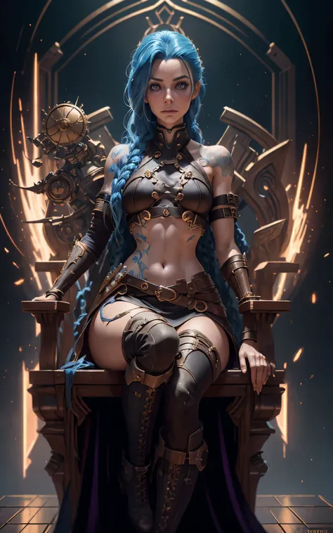 (Evangeline Lilly:Margot Robbie) is jinx from league of legends, sitting in a throne made of junk, pale skin, blue messy hair with long breads, boots, skinny body, small breasts, Full body, Beautiful anime waifu style girl,hyperdetailed painting, luminism,...