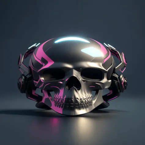 a close up of a skull wearing a helmet with a pink and black design, cyberpunk helmet, skull helmet, futuristic cybernetic helmet, cyberpunk headset, rendered in cinema 4 d octane, fantasy skull, cyberpunk skeleton, portrait of a cyber skeleton, rendered i...