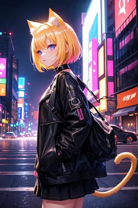 Top quality, high resolution, perfect human structure, background focus, from side, glowing hair, cat ears, blonde hair, short cut, near future, casual clothes, neon, neon colors, fighting, near future, city, colorful, broken city, night, moon, gradient ey...