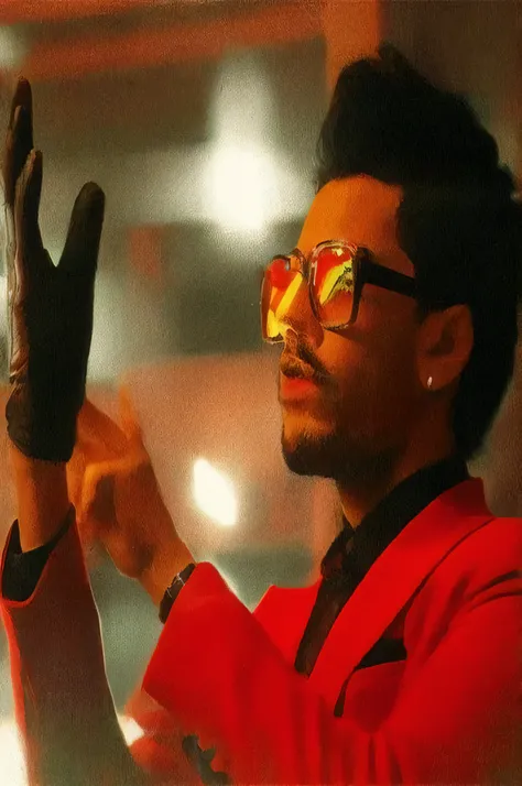 faaris azura wearing a red jacket and black gloves, childish look, childish, emotionally evocative, futuristic, neon jungle, music video, faaris azura wearing red tainted glasses, masterpiece, faaris azura in the future funk, with red haze, faaris azura in...