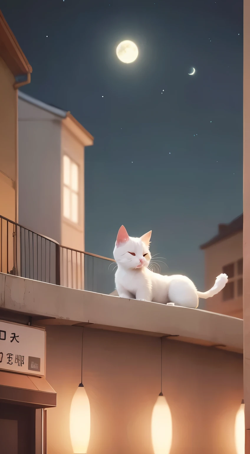 A white cat as a symbol of day and sweet dreams soars in the night sky over the sleeping city