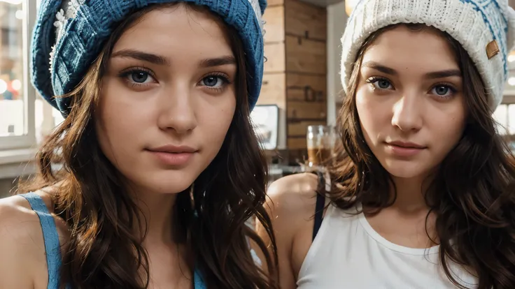 hyper-realistic beautiful brunette woman with curly hair face close up in coffeeshop wearing blue beanie hat and a white tanktop ((best quality))