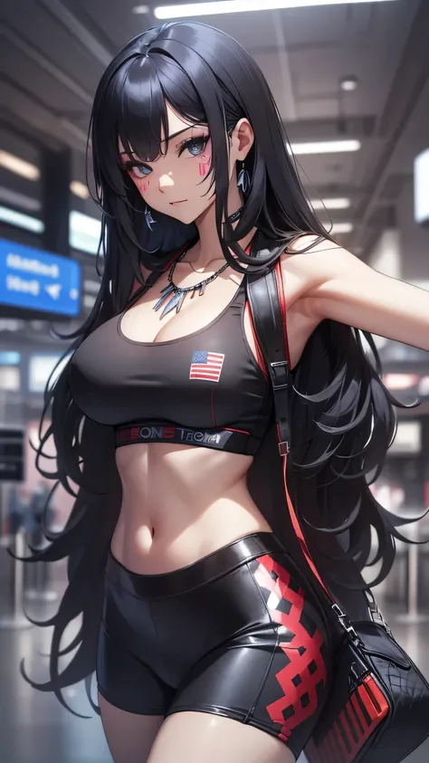 最high quality、best image quality、masterpiece、teenage girl((18-year-old、 By becoming、vest bust、medium bust,wide open breast tea、black eye, black hair、long hair、thin,highest valley、cute makeup、red sports bra、Black sports pants、White Necklace、Blackface Paint)...