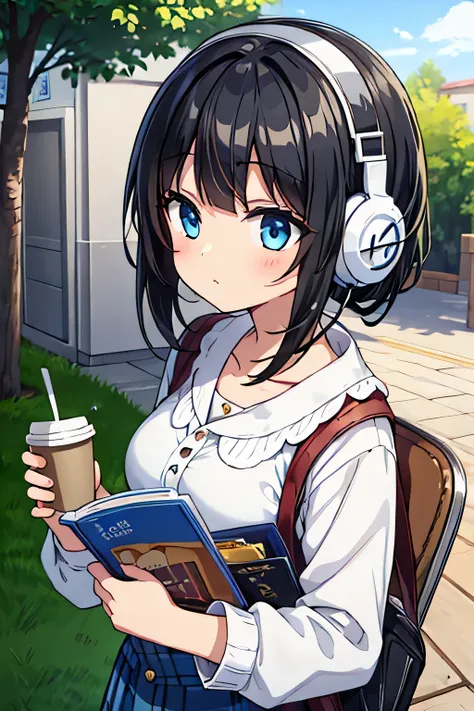 reading a book girl with cold headphones black hair coffee