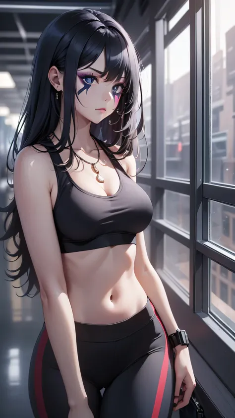 最high quality、best image quality、masterpiece、teenage girl((18-year-old、 By becoming、vest bust、medium bust,wide open breast tea、black eye, black hair、long hair、thin,highest valley、cute makeup、red sports bra、Black sports pants、White Necklace、Blackface Paint、...